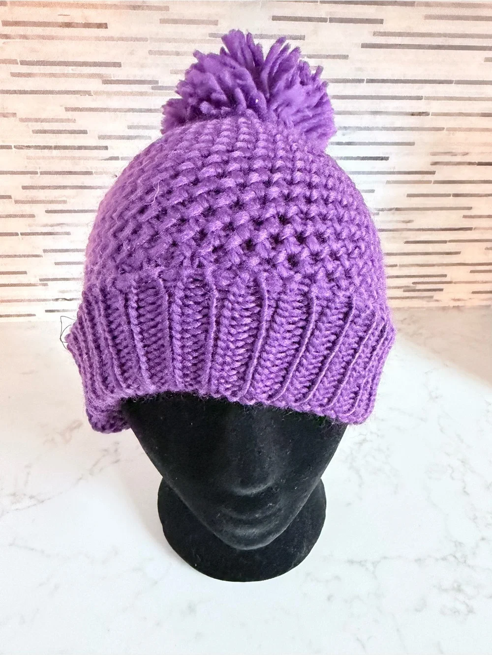 Vintage Y2K Purple Pom Pom Knit Beanie Hat - Cozy Winter Accessory